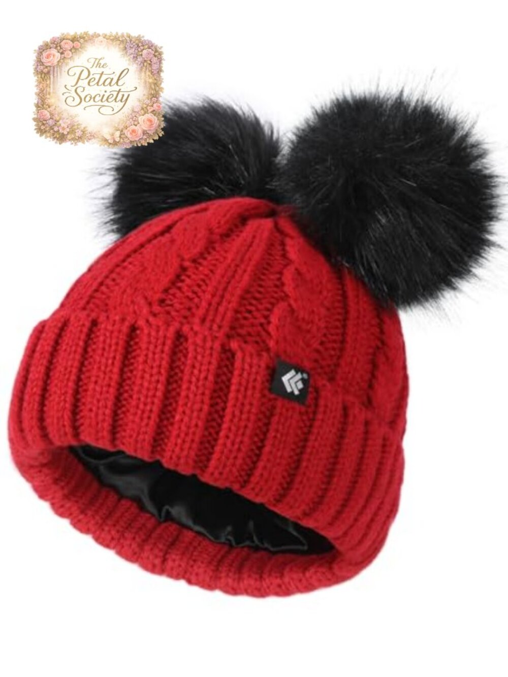 Satin Lined Winter Beanie Warm Knit Hat Faux Fur Double Pom Pom